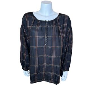 Madewell Shirred Peasant Top 1X Windowpane Black NWT